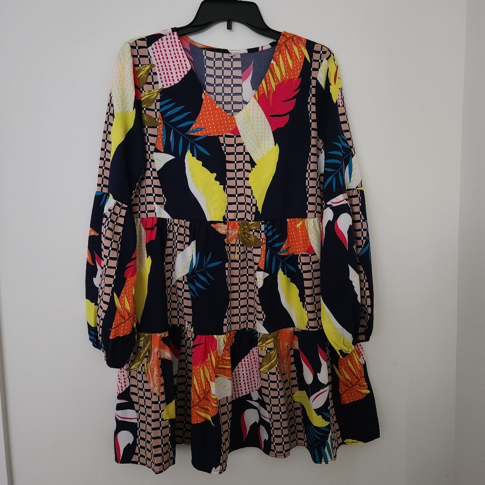 Women Mini Dress Tiered Balloon Sleeve Size M Colorful Vacation